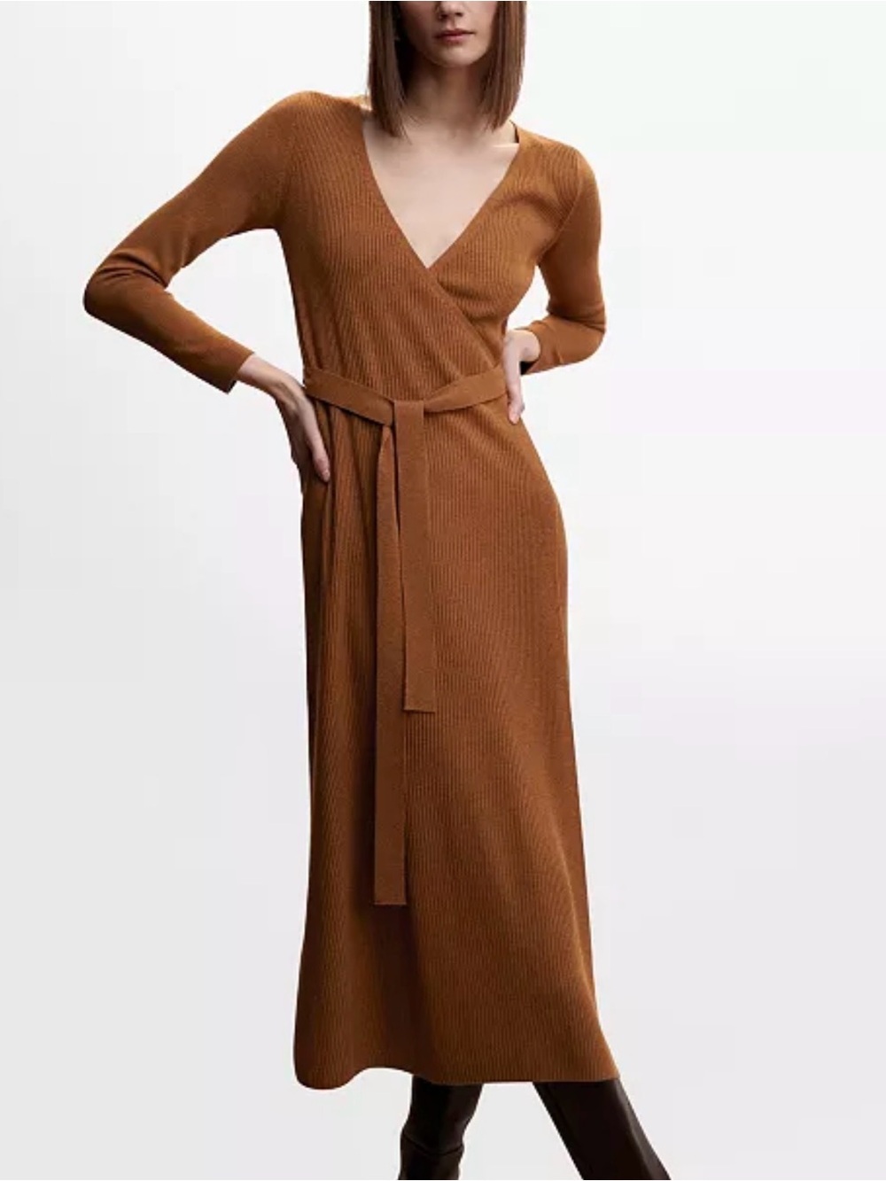 Mango Bow Knit Dress - Camel Brown - Size L